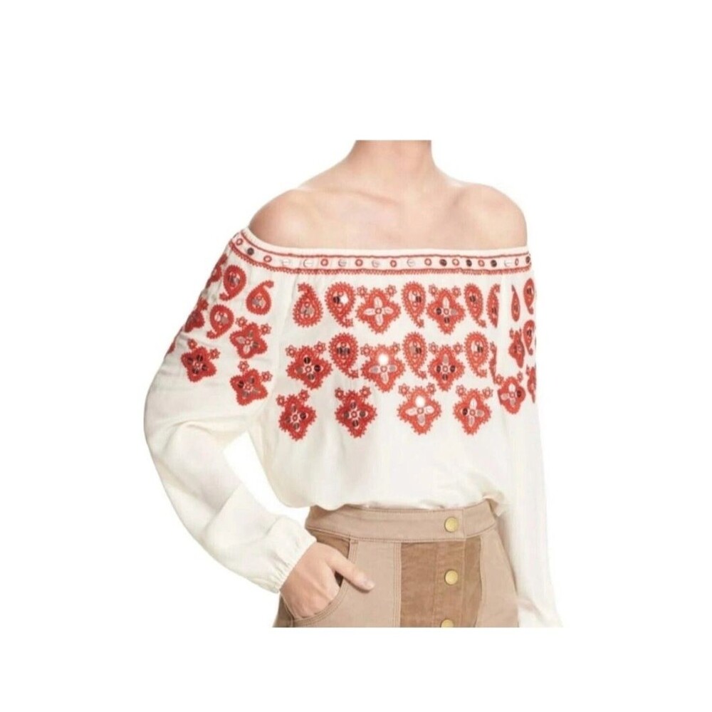 Tory Burch Blouse Silk Embroidered Boho Leyla Top Cream Sequins Size 4
